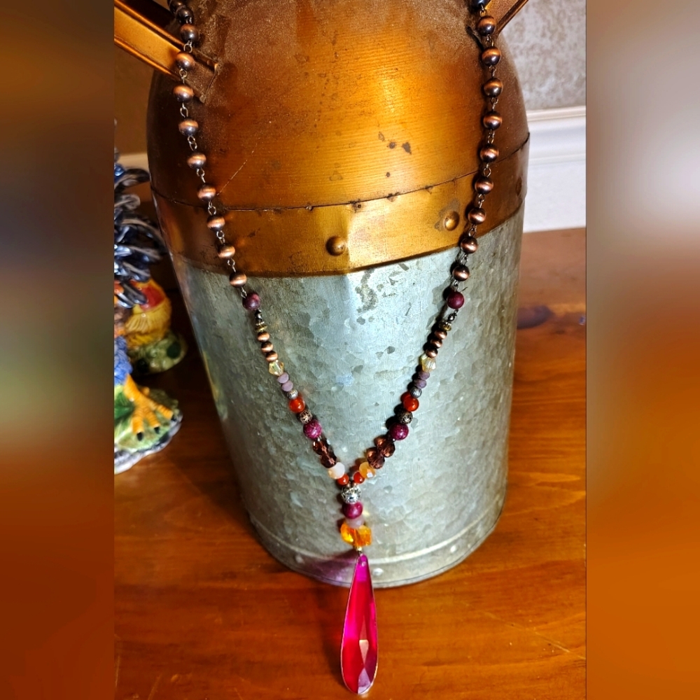 Long Beaded Faux Stones With Large Pink Gem Stone Shaped Rhinestone Navajo - Picture 2 of 9